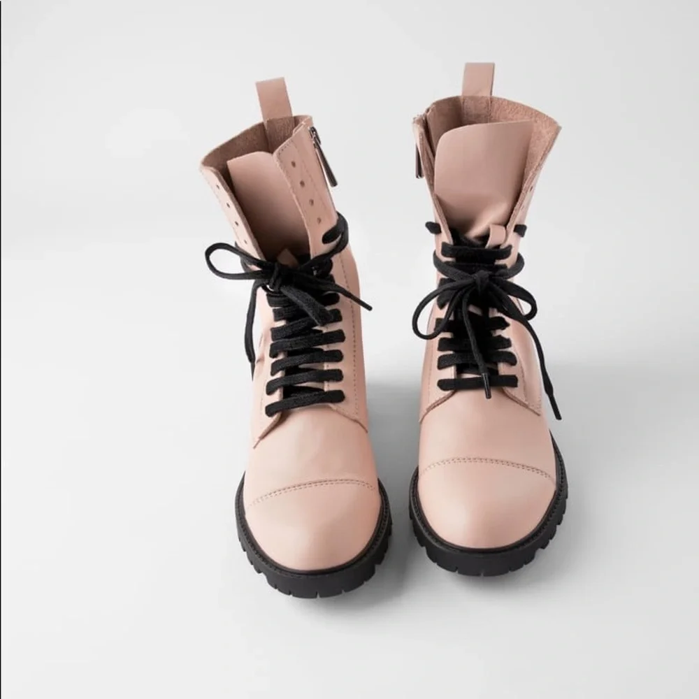 ZARA BLOGGERS FAV 100% LEATHER LACE UP PINK ANKLE BOOTS BRAND NEW WITH TAGS - Picture 6 of 11